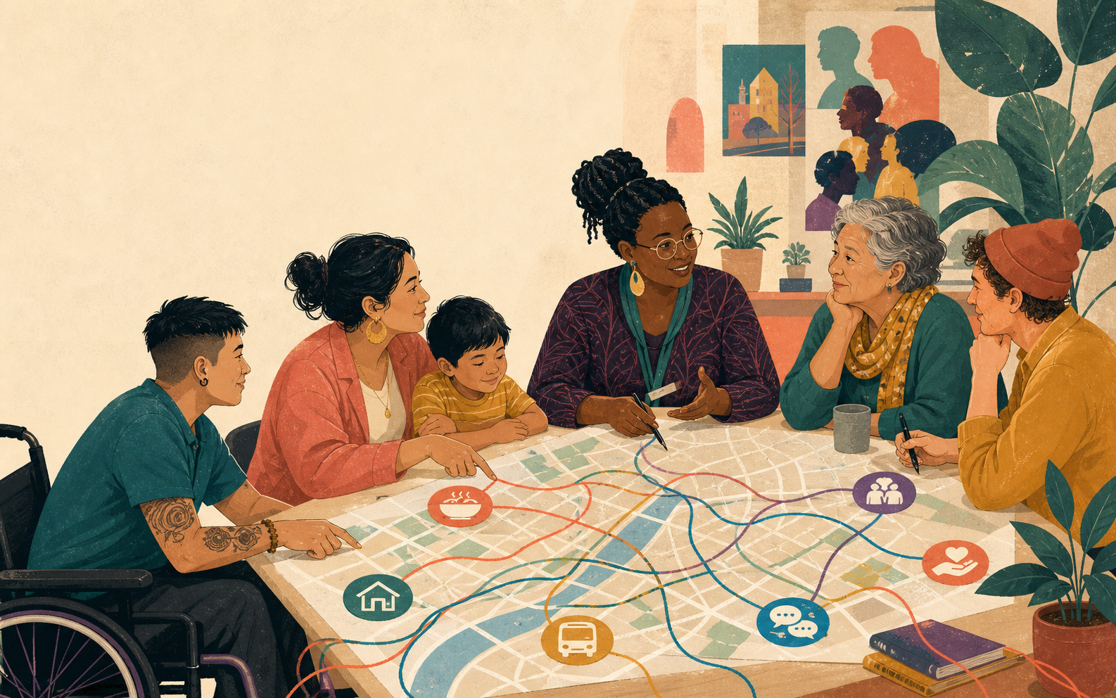 Illustrated neighbors and a navigator collaborating around a community resource map