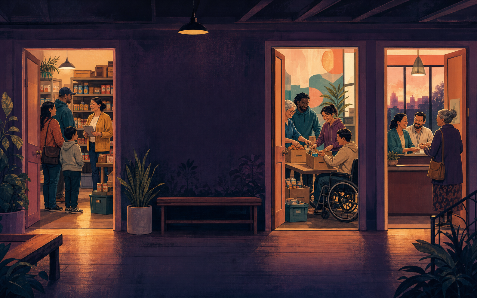 Illustrated community center with open doors to resource navigation, volunteering, and giving